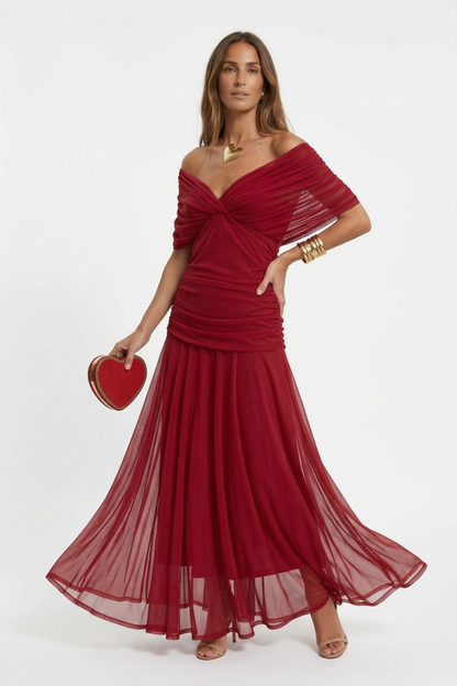 Vestido largo con escote en v - Rojo XL