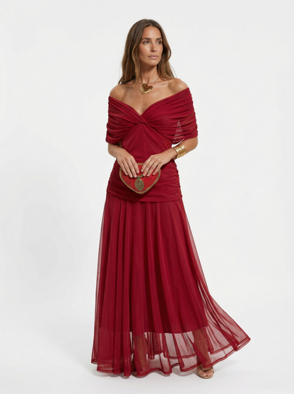Vestido largo con escote en v - Rojo L