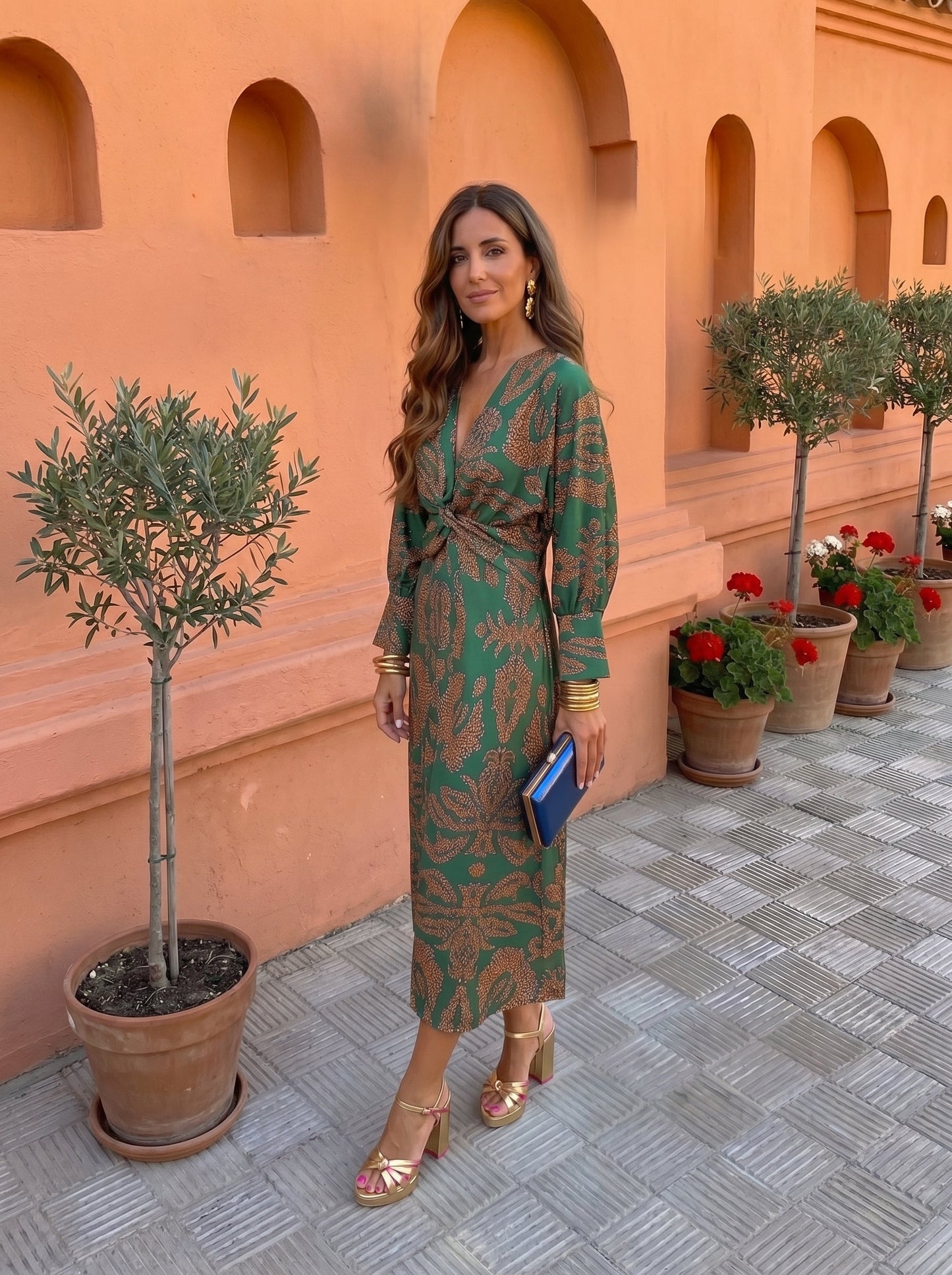 Vestido midi con estampado - Morado L