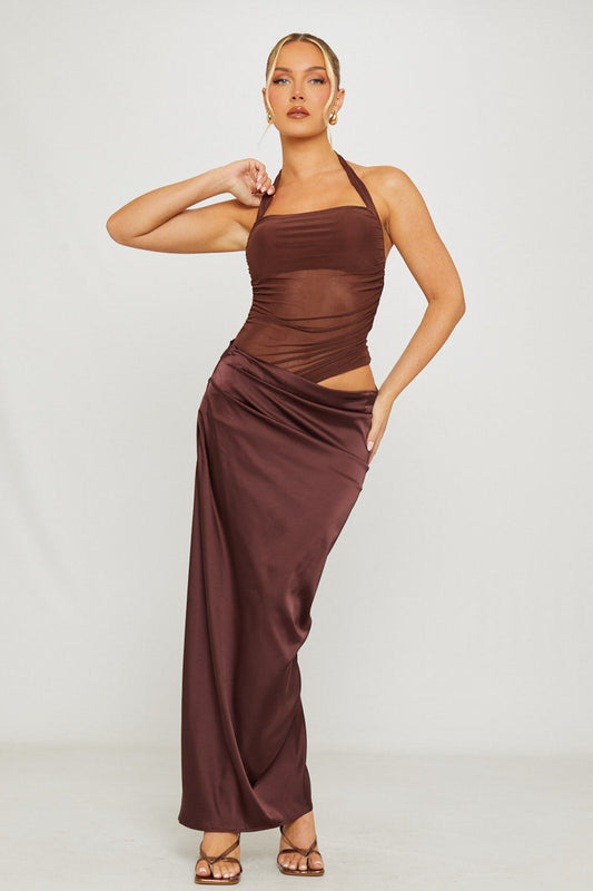 COCOA MUSE - Vestido Maxi Halter de Tul y Falda Satinada