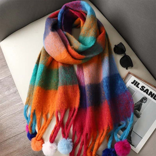 AMELIE - Bufanda Cálida de Cuadros Multicolor con Flecos