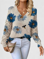 MAE - Jersey Floral con Escote en V y Mangas Caladas
