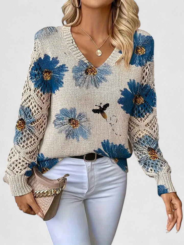 MAE - Jersey Floral con Escote en V y Mangas Caladas