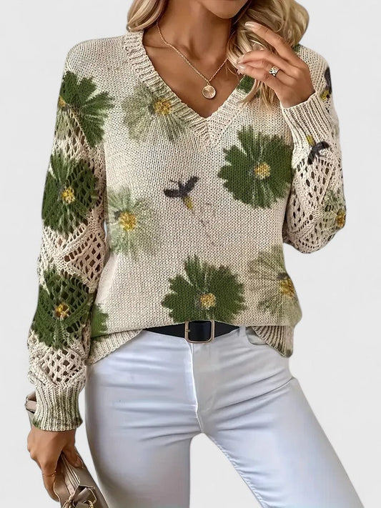 MAE - Jersey Floral con Escote en V y Mangas Caladas