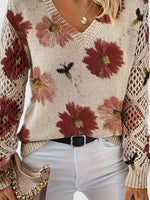 MAE - Jersey Floral con Escote en V y Mangas Caladas