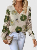 MAE - Jersey Floral con Escote en V y Mangas Caladas