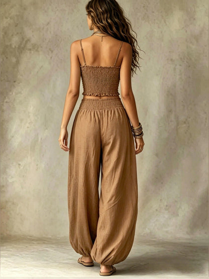 Conjunto de Dos Piezas para Mujer: Top Corto Fruncido y Pantalón de Pierna Ancha