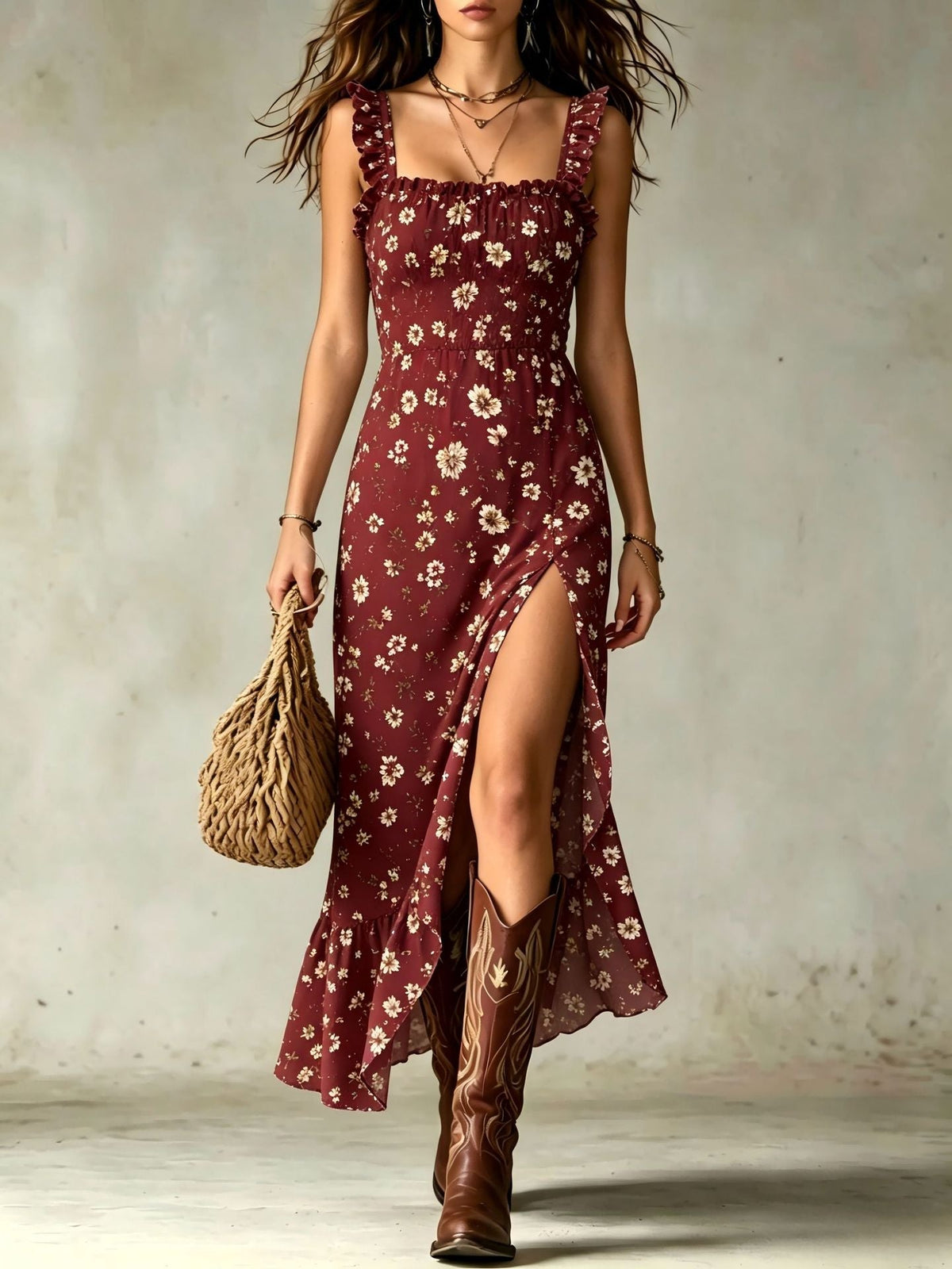 Vestido Largo con Volantes Fruncidos y Abertura, Estampado Floral Pequeño