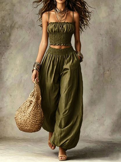 Conjunto de Dos Piezas para Mujer: Top Corto Fruncido y Pantalón de Pierna Ancha