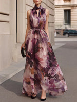 Amélie | Vestido Largo Floral con Lazo en el Cuello y Cinturón en la Cintura