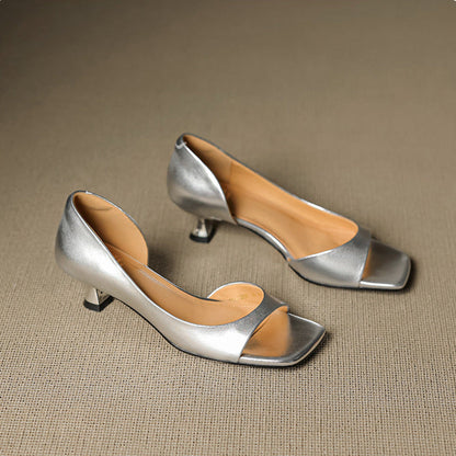 Celin | Zapatos de Tacón de Piel Genuina de Punta Abierta