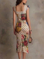 Fedra | Vestido Midi Ajustado Fruncido con Estampado Mixto y Ribete de Encaje