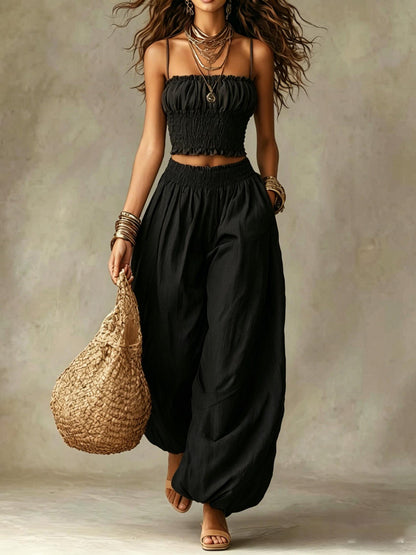 Conjunto de Dos Piezas para Mujer: Top Corto Fruncido y Pantalón de Pierna Ancha