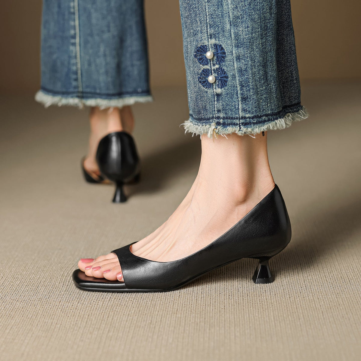Celin | Zapatos de Tacón de Piel Genuina de Punta Abierta