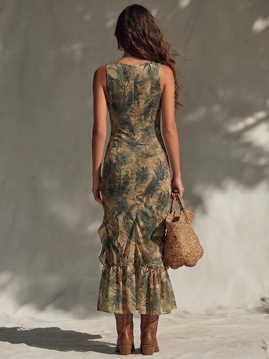Elegante Vestido Largo Fruncido con Volantes y Estampado de Palmeras, con Abertura Lateral