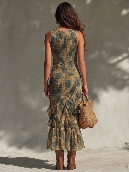 Elegante Vestido Largo Fruncido con Volantes y Estampado de Palmeras, con Abertura Lateral