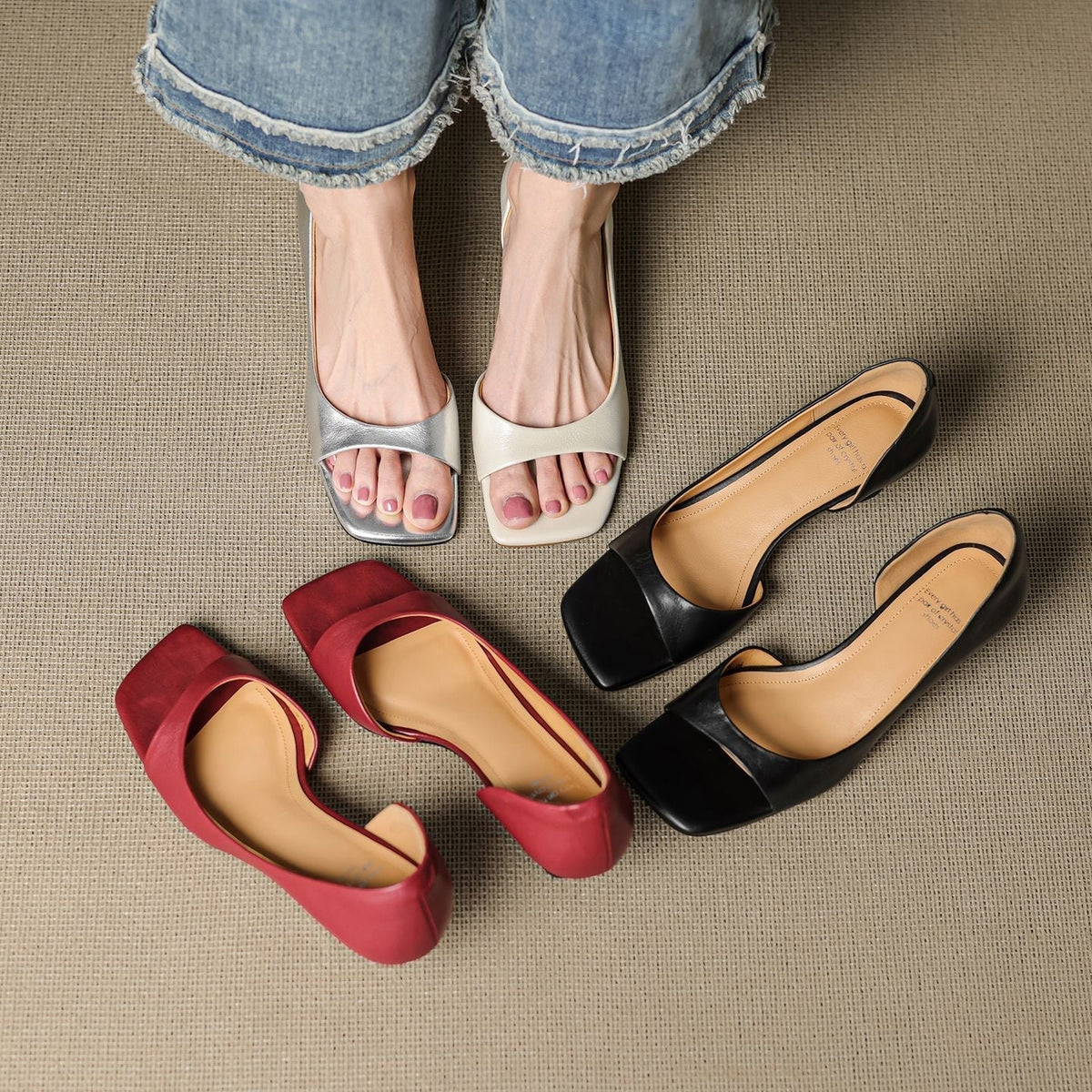 Celin | Zapatos de Tacón de Piel Genuina de Punta Abierta