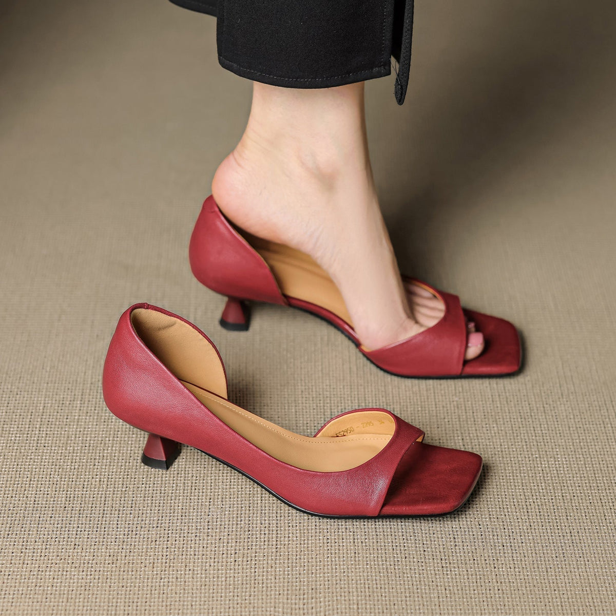 Celin | Zapatos de Tacón de Piel Genuina de Punta Abierta