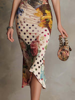 Fedra | Vestido Midi Ajustado Fruncido con Estampado Mixto y Ribete de Encaje