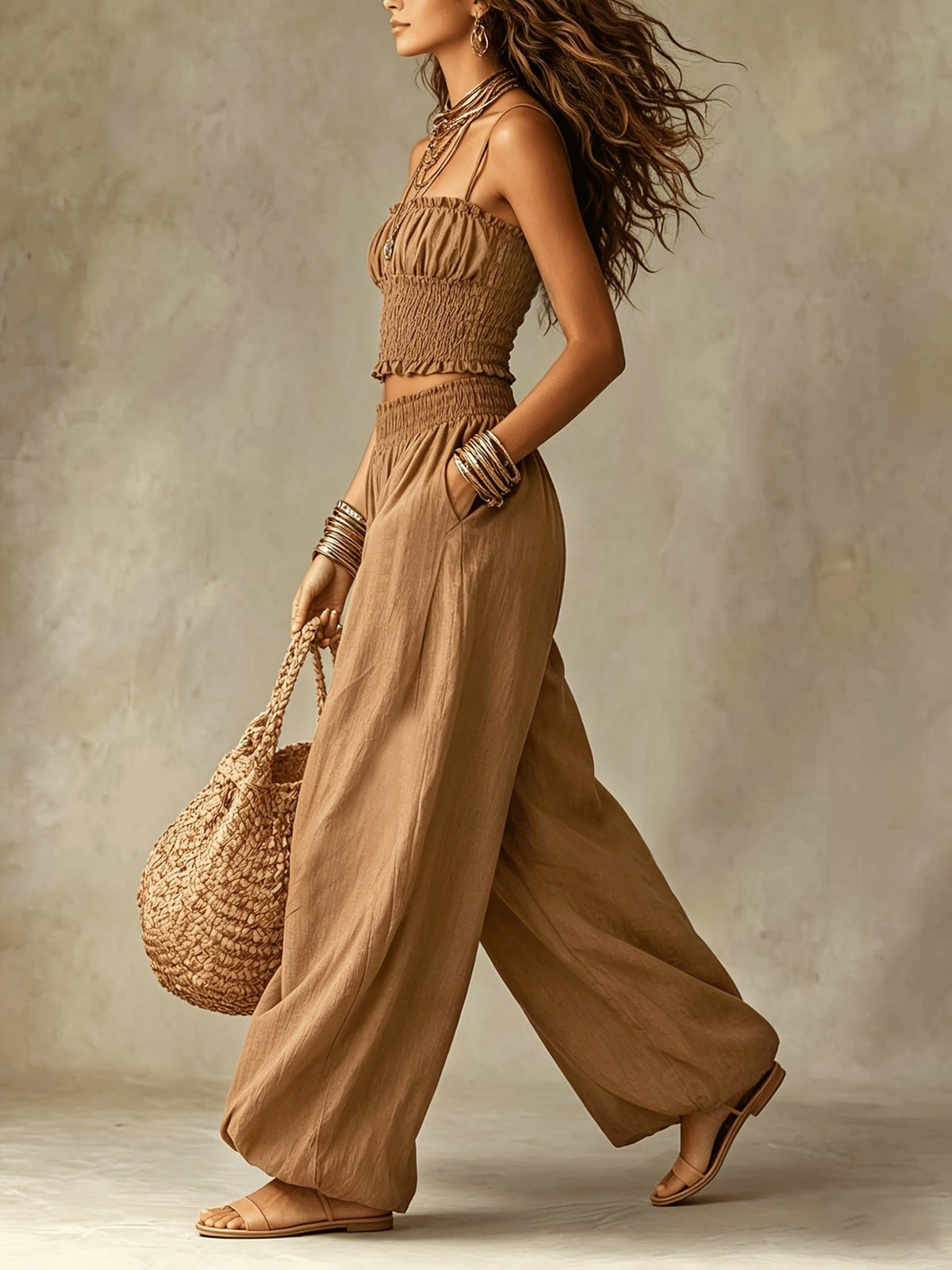 Conjunto de Dos Piezas para Mujer: Top Corto Fruncido y Pantalón de Pierna Ancha