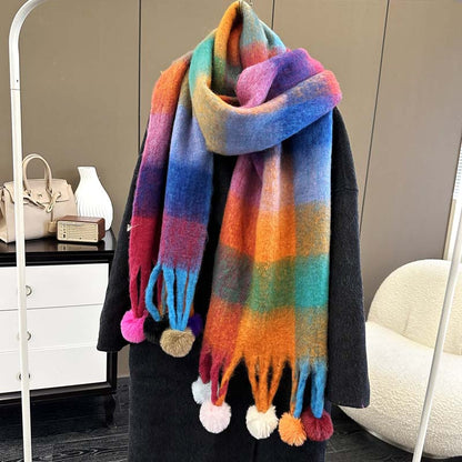 AMELIE - Bufanda Cálida de Cuadros Multicolor con Flecos