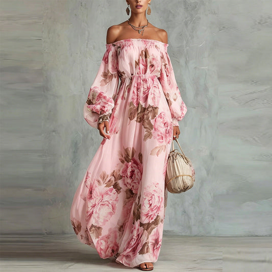 Payton | Elegante Vestido Largo Floral con Hombros Descubiertos y Mangas Largas