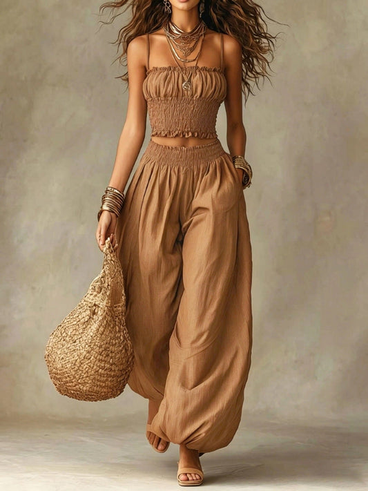 Conjunto de Dos Piezas para Mujer: Top Corto Fruncido y Pantalón de Pierna Ancha