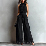 Bianca | Mono de Pierna Ancha con Cinturón, Cuello Halter y Ribete de Encaje