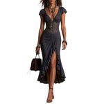 Morgana | Vestido Midi con Corsé de Encaje, Fruncido y Abertura con Volantes