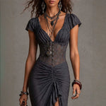 Morgana | Vestido Midi con Corsé de Encaje, Fruncido y Abertura con Volantes