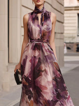 Amélie | Vestido Largo Floral con Lazo en el Cuello y Cinturón en la Cintura