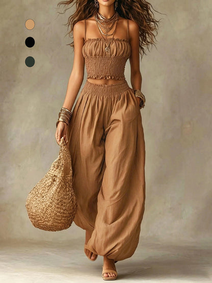 Conjunto de Dos Piezas para Mujer: Top Corto Fruncido y Pantalón de Pierna Ancha