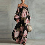 Payton | Elegante Vestido Largo Floral con Hombros Descubiertos y Mangas Largas