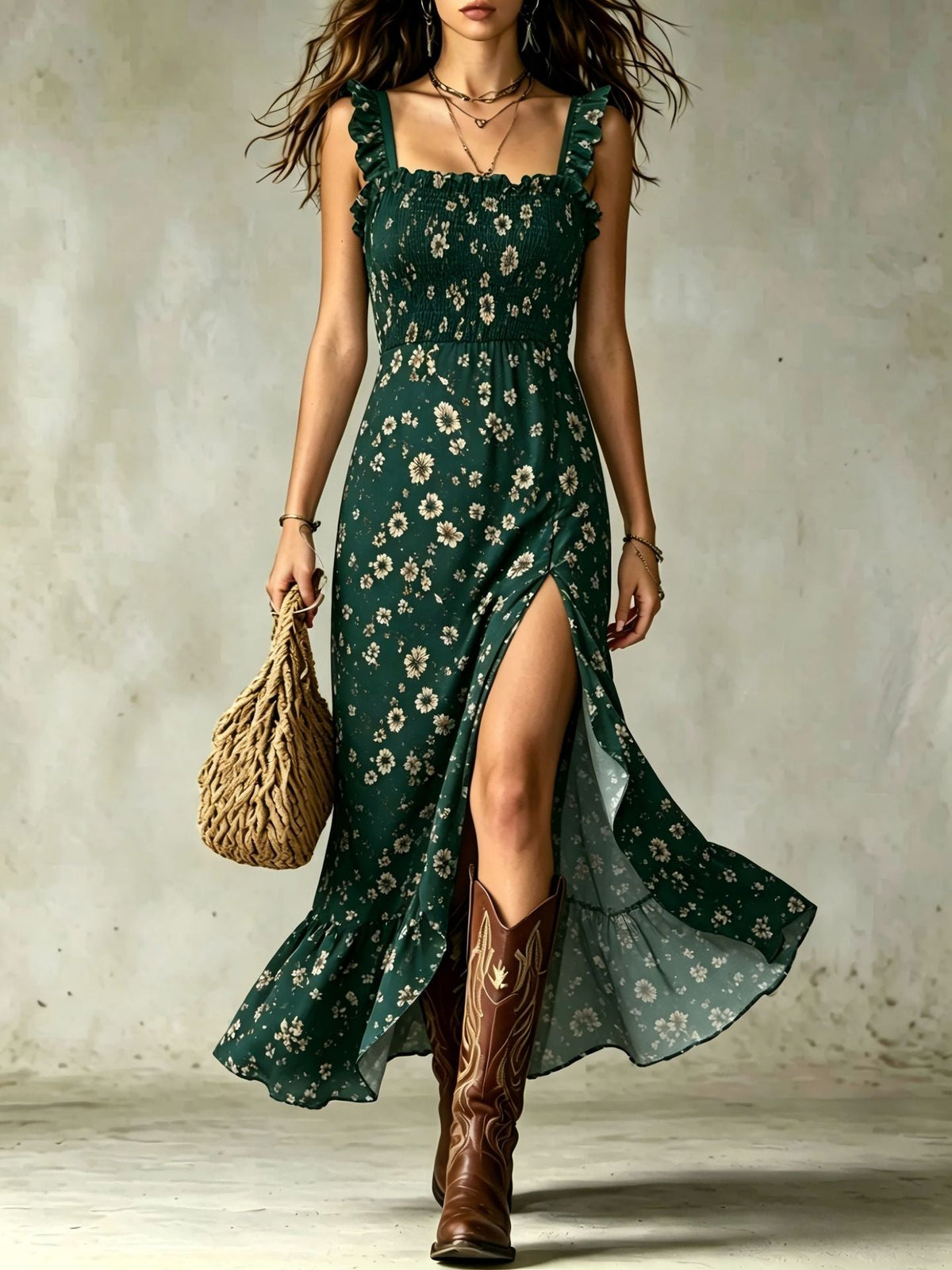Vestido Largo con Volantes Fruncidos y Abertura, Estampado Floral Pequeño