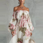 Payton | Elegante Vestido Largo Floral con Hombros Descubiertos y Mangas Largas