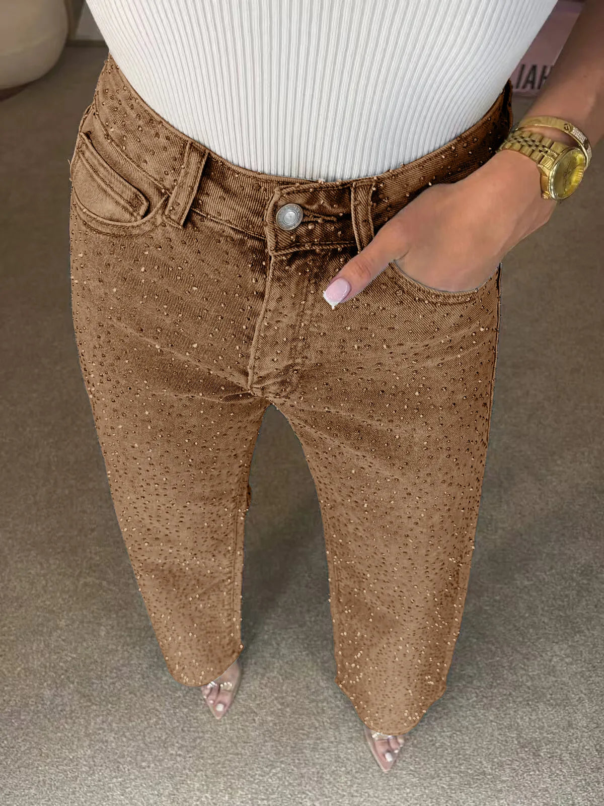 Vaqueros denim con pedrería para mujer