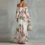 Payton | Elegante Vestido Largo Floral con Hombros Descubiertos y Mangas Largas