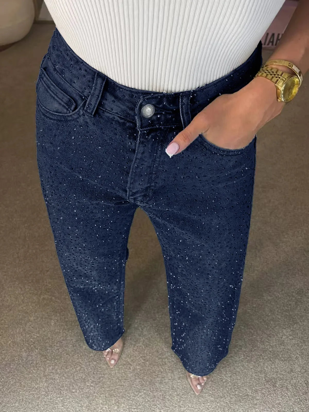 Vaqueros denim con pedrería para mujer