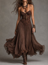 Lucia | Vestido Maxi Marrón Oscuro de Encaje y Gasa