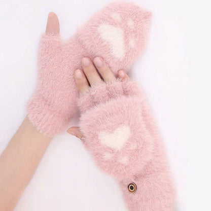 NAYARA - Guantes de Peluche con Estampado de Huella de Gato