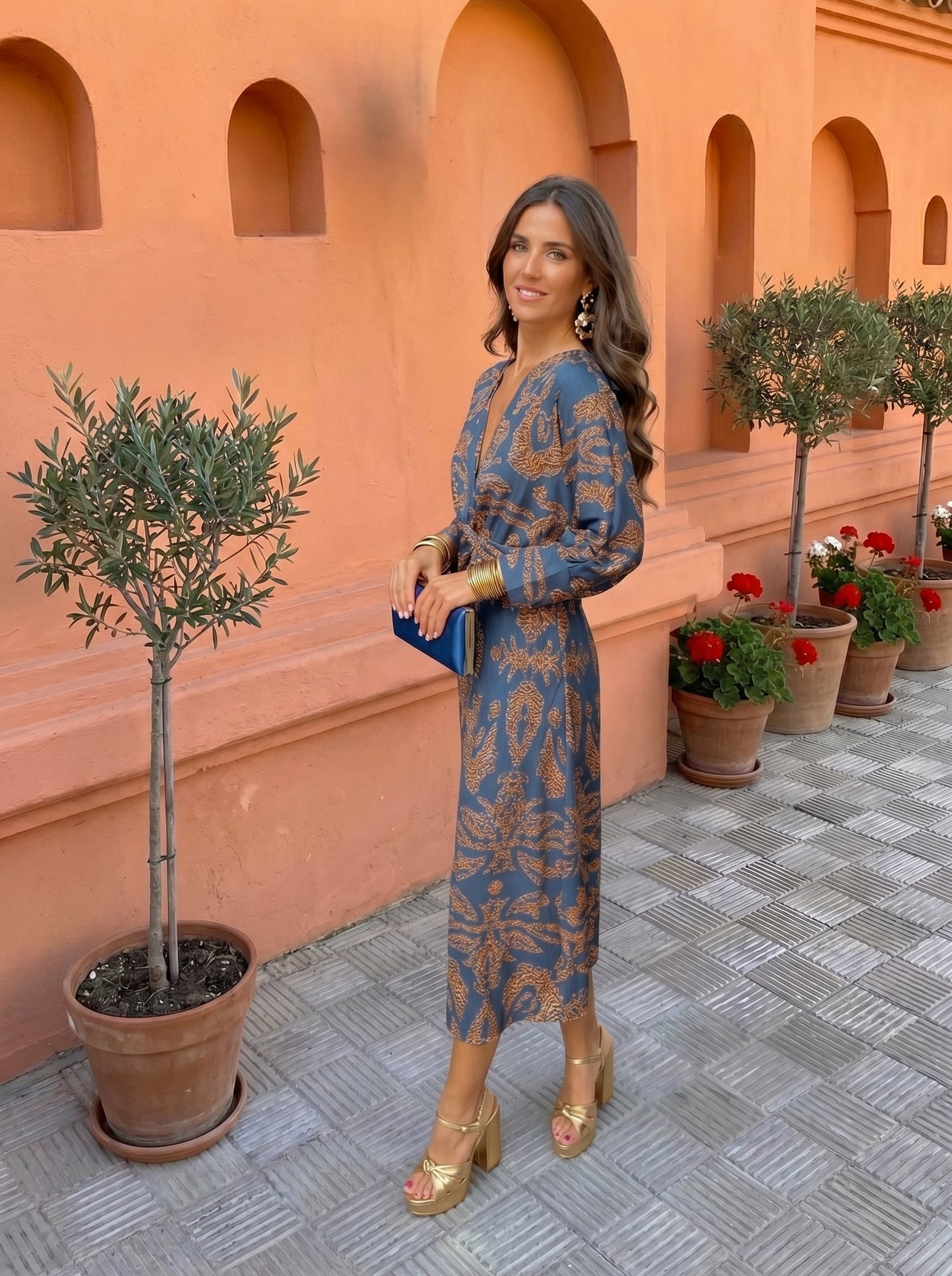 Vestido midi con estampado - Morado M