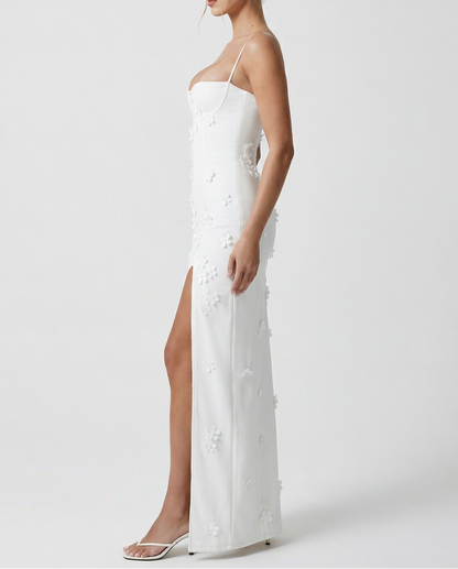 ARIA LUNA SLIT - Vestido Maxi Corsé con Aplicaciones Florales y Abertura