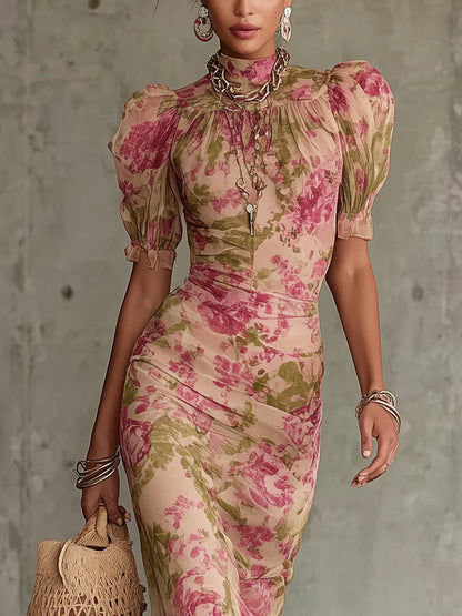Vestido Largo Vintage con Estampado de Rosas y Mangas Abullonadas Románticas (Accesorios No Incluidos)
