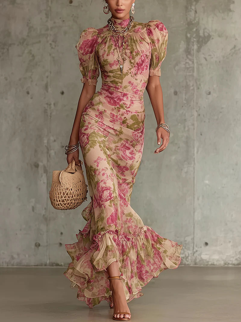 Vestido Largo Vintage con Estampado de Rosas y Mangas Abullonadas Románticas (Accesorios No Incluidos)