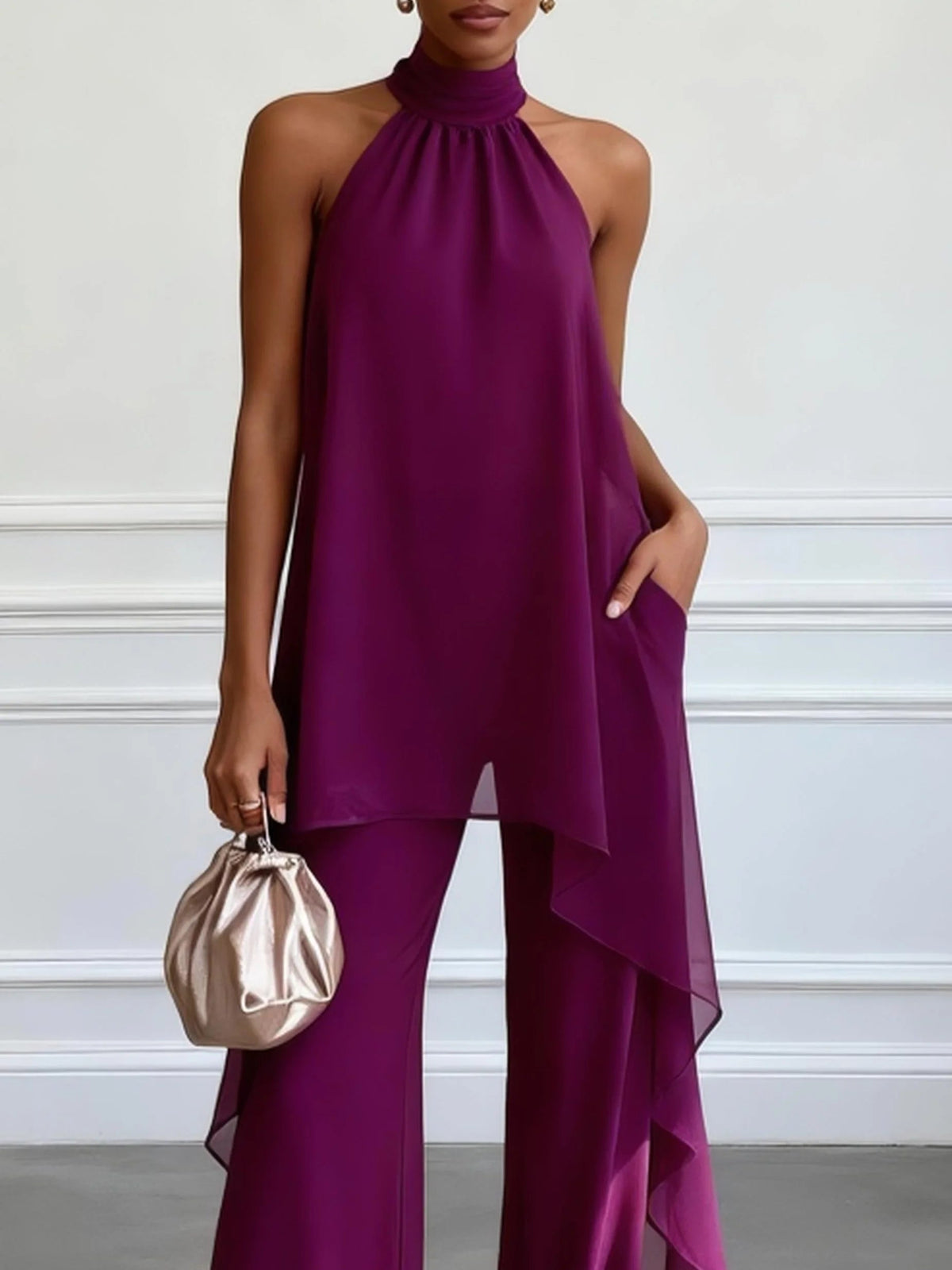 Elegante Conjunto de Dos Piezas de Top Sin Mangas con Cuello Halter y Pantalón Color Morado