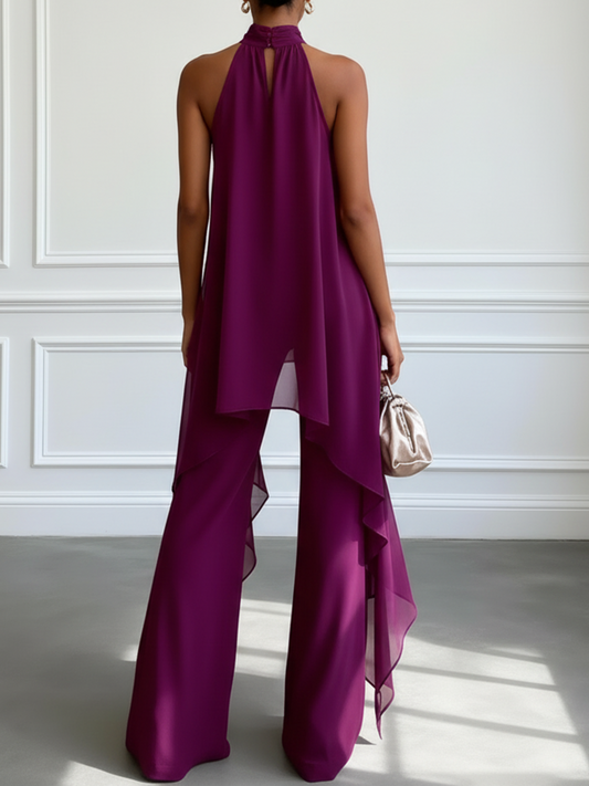 Elegante Conjunto de Dos Piezas de Top Sin Mangas con Cuello Halter y Pantalón Color Morado