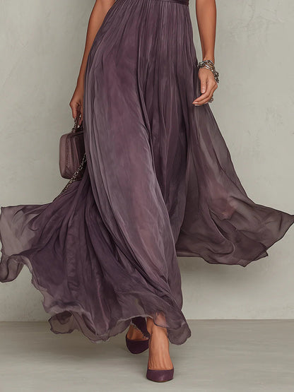 Vestido Largo de Gasa Morado con Escote en Forma de Ojo de Cerradura y Elegante Ribete de Encaje