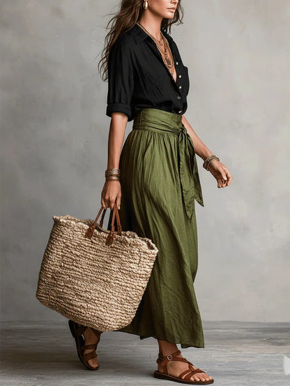 Vida Conjunto Elegante de Dos Piezas con Blusa Negra y Falda Midi