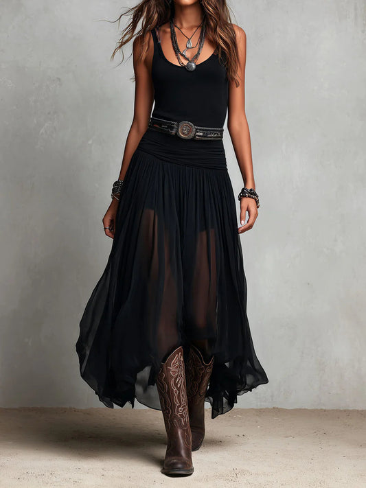 Paola | Vestido Maxi Negro de Tirantes con Falda de Tul (sin cinturón)