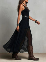 Paola | Vestido Maxi Negro de Tirantes con Falda de Tul (sin cinturón)
